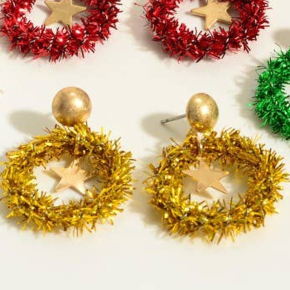Gold Metallic Fuzzy Wreath Christmas Earrings with Gold Star Accents - Picture 2 of 3